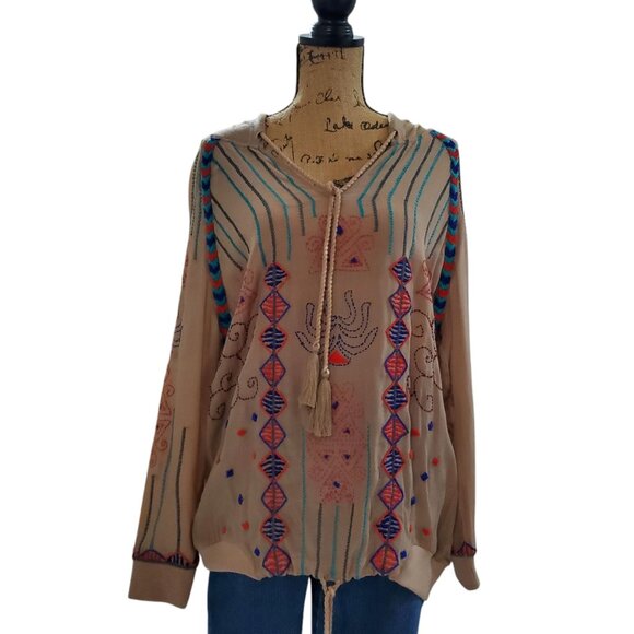 Unbranded Vintage Women’s Embroidered & Beaded Hooded V-Neck Pullover Top Size S - Picture 1 of 16